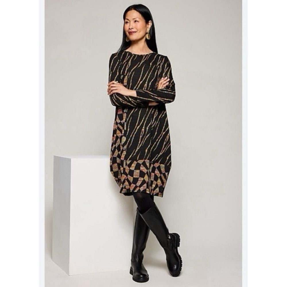 KOZAN Shea Dress M Abstract Knit Lagenlook Cocoon Artsy Tunic Shift